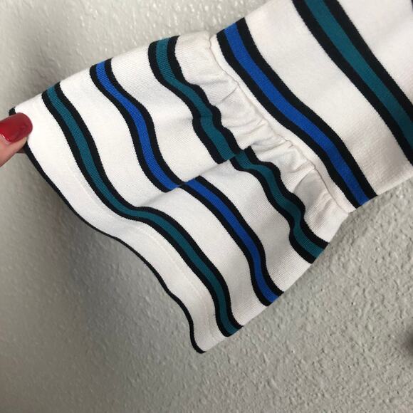 Ann Taylor Black Blue White Green Striped Flounce Sleeve Boat Neck Top Shirt XS - Picture 4 of 6